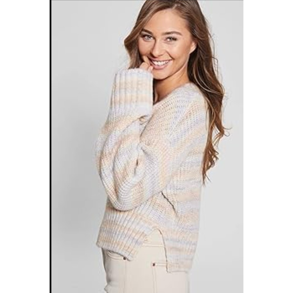 NWT Guess Crop Powder Rose Space Dye Neena Stripe Knit‎ Sweater Bell Sleeve